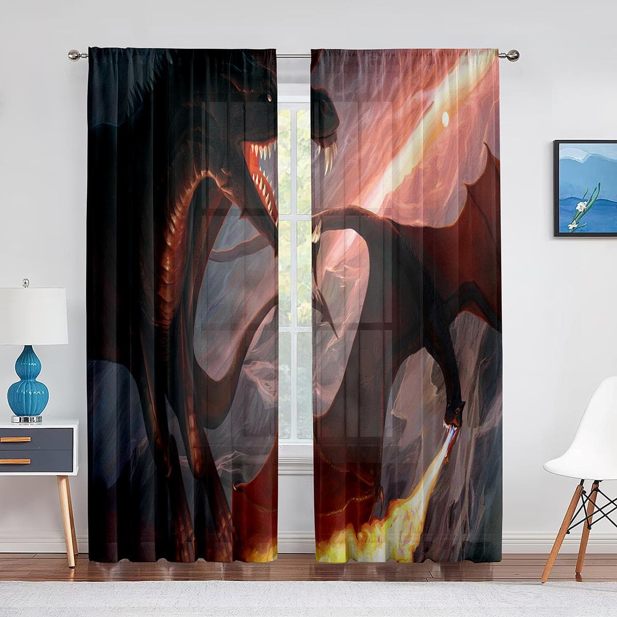 Two Golden Dragon on Red Background Sheer Voile Curtain for Living Room Bedroom Kitchen Transparent Tulle Curtain Window Drape 1 PCS W100XH250cm&Grommet Top