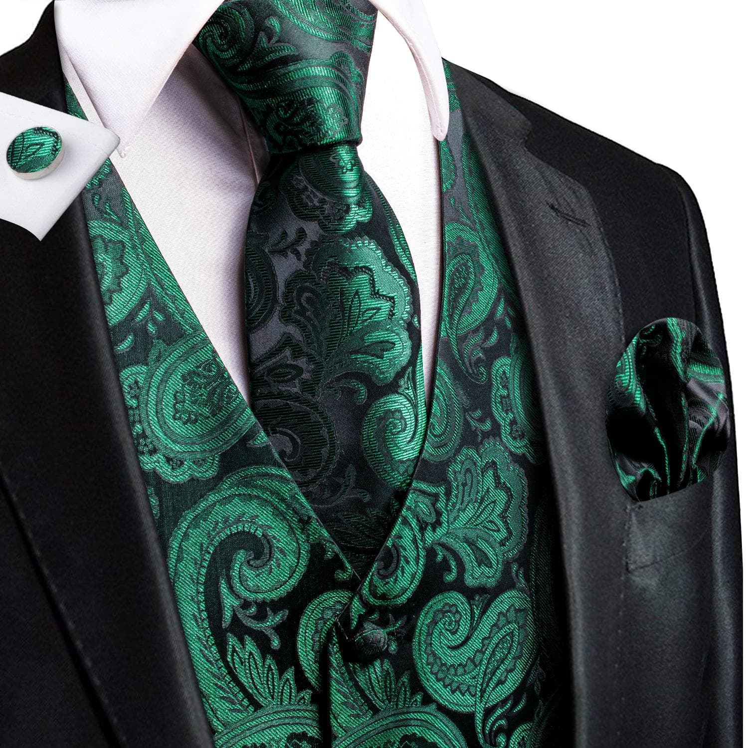 Hi-Tie Tuxedo waistcoat for Men Suit Vest Necktie Handkerchief Cufflinks Set for Wedding Business 2XL