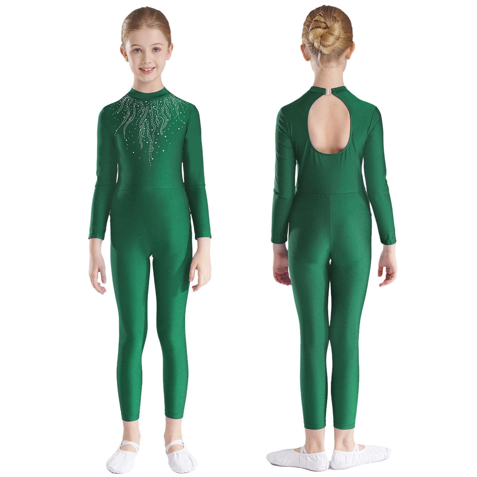 Girls Rhinestones Decor Long Sleeve Jumpsuit for Ballet Gymnastics Acrobatics Yoga Workout Full Body Stretch Figure Skating Unitard green