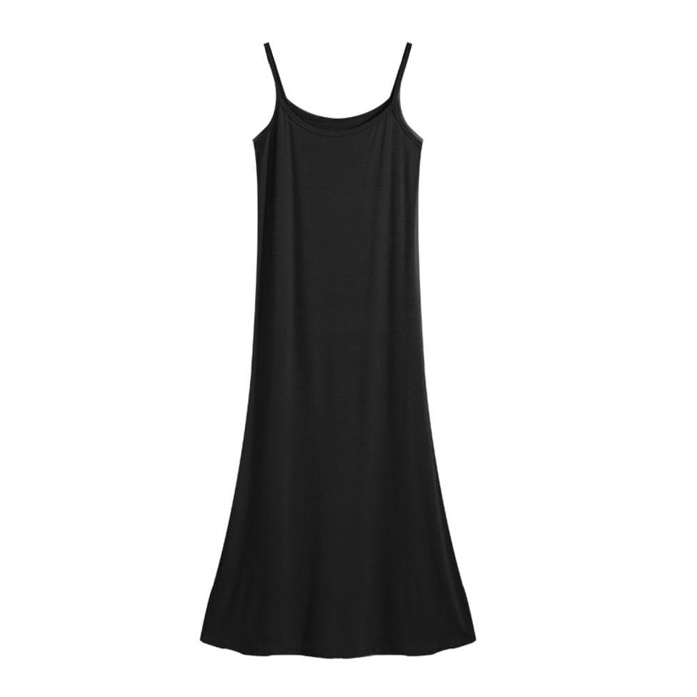Summer Sundress Skeeveless Loose Solid Color Stretch Backless Round Neck A-line Inner Wear Outerwear Midi Dress Daily Slip Dress M black