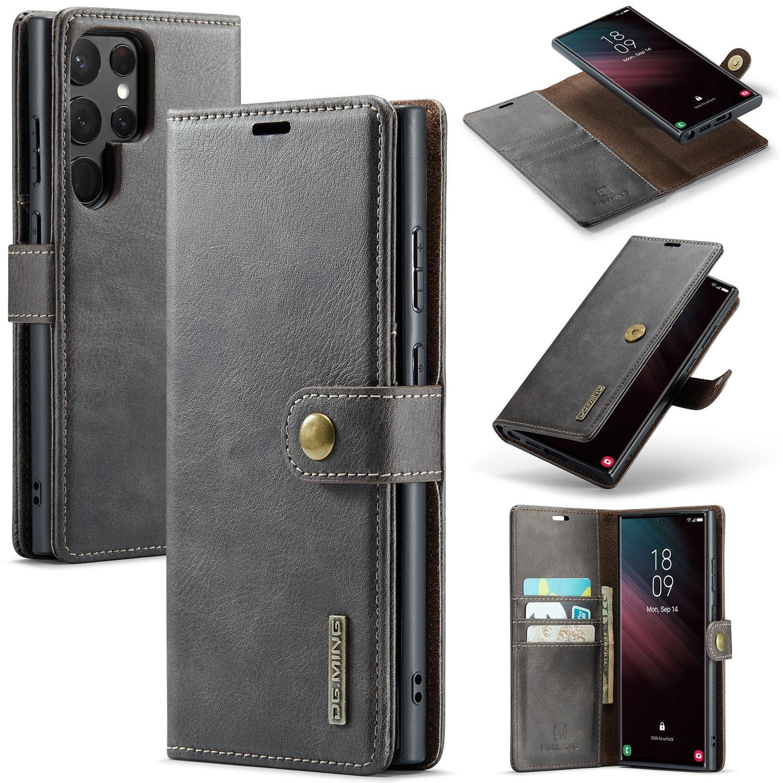 DG.MING 2 In1 Magnetic Detachable Cowhide Leather Wallet Phone Case for Samsung S23 S22 S21Ultra Plus S21 S20FE A14 A13 A53 /iPhone 15 14 13 12Pro Max Samsung S20 grey
