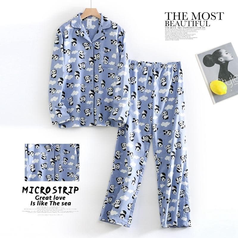 Women's Autumn and Winter Cartoon Print Pattern Cotton Warm Brushed Home Clothes Pajamas Set Women's Pajamas S