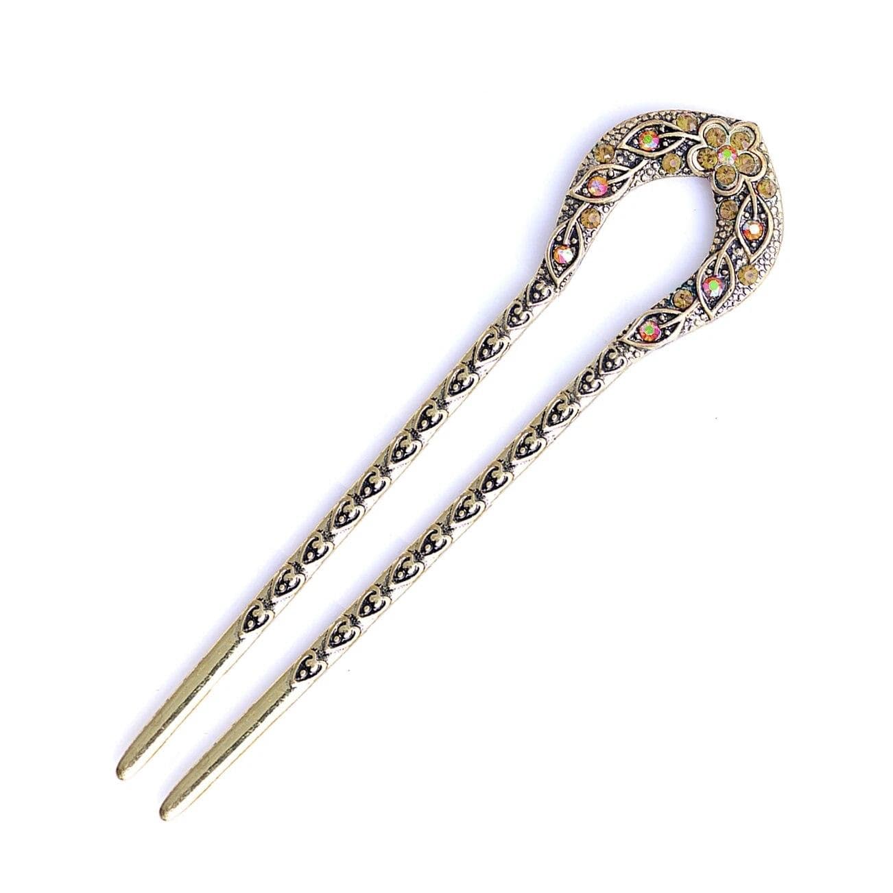Vintage Hair Accessories Antique Bronze Plated Hairpins U shape Hair Stick Pin Women Rhinestone Flower Hair brown