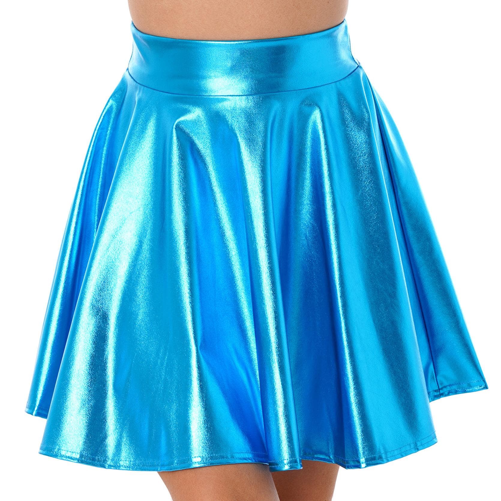 Womens Shiny Metallic Ruffle Glossy Mini Skirts Punk Party Clubwear Streetwear High Waist Flare Skirt Rave Cocktail Costume M blue
