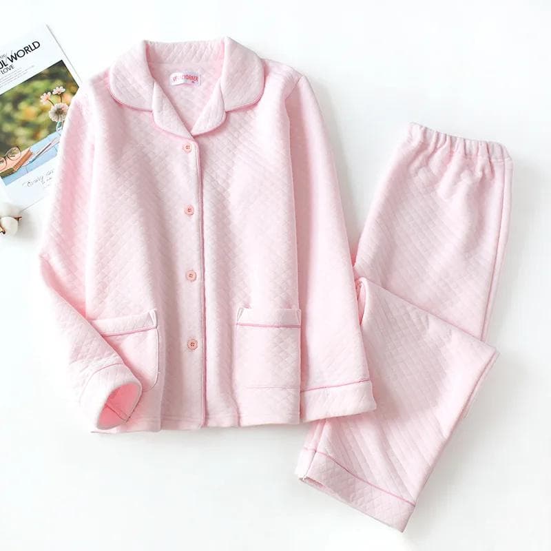New Autumn and Winter Pajamas Ladies Pure Cotton Long-sleeved Thick Warm Winter Home Service Suit Solid Color Cardigan Sleepwear XL pink