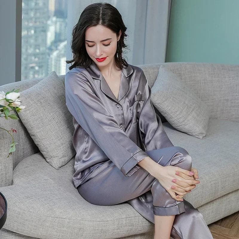 100% Silk Pajama Set for Women Summer and Autumn Long Sleeve Mulberry Silk Home Wear Silk Pajama Set for Women L