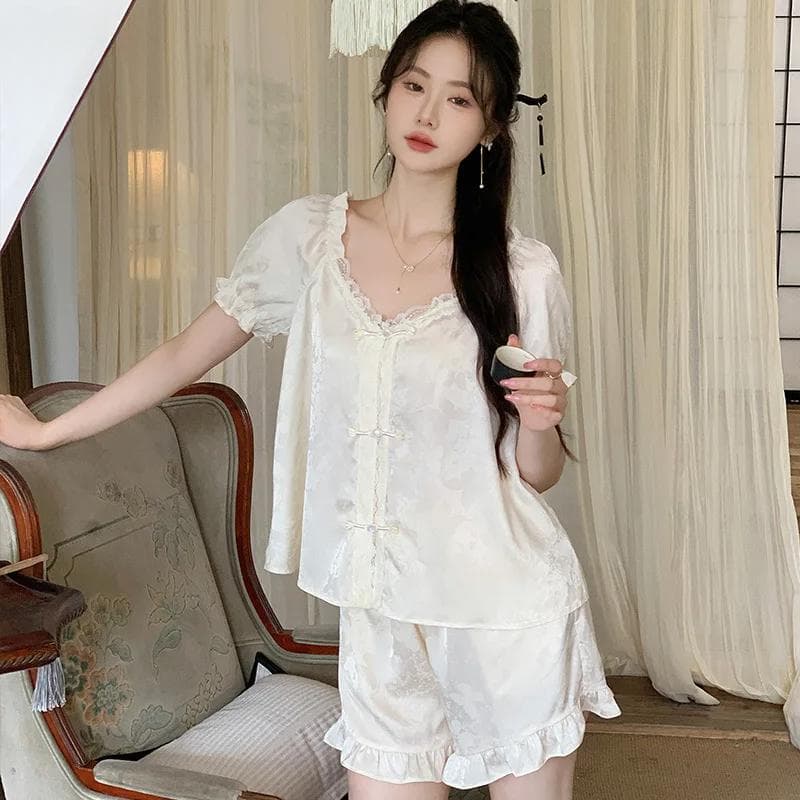 Simple Ethnic Style Pajamas Women's Summer New Ice Silk Short-sleeved Shorts Two-piece Suit Home Clothes Women XL