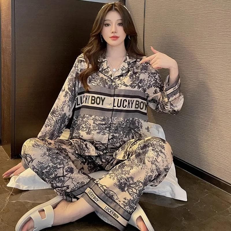 Women's Pajamas Spring and Autumn Ice Silk Pajamas Women's Ink Painting Long Sleeve Comfortable Home Clothes Pajamas 2XL