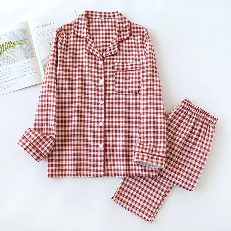 Spring and Summer Couple Pajamas Set 100% Cotton Double Layer Gauze Men and Women Japanese Plaid Suit Long Sleeves L