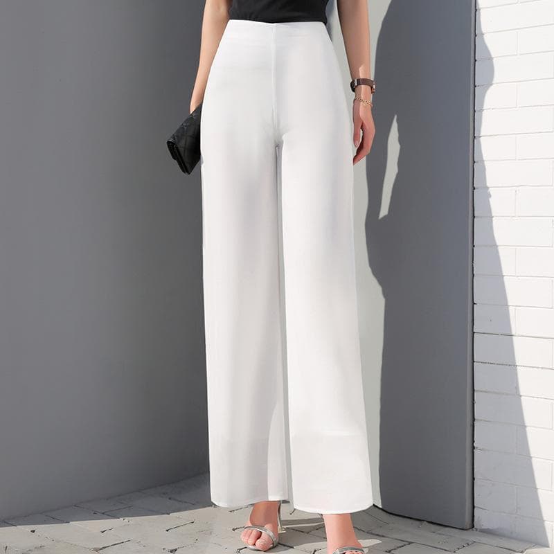 Women Ladies Vintage Loose High Waist Long Trousers Chiffon Side Split Casual Palazzo Pants Wide Leg Pants pantalones S white
