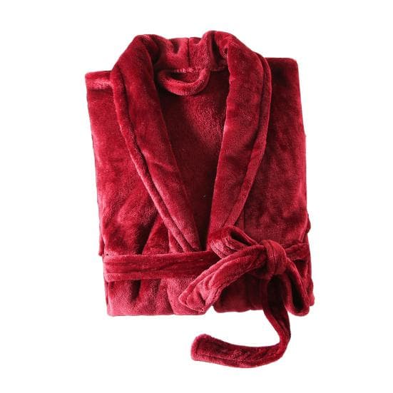 Unisex Winter Bathrobe Thick Warm Great Water Absorbent Solid Color Lace Up Long Sleeve Cardigan Lapel Pockets Knee Length Nightgown L wine red