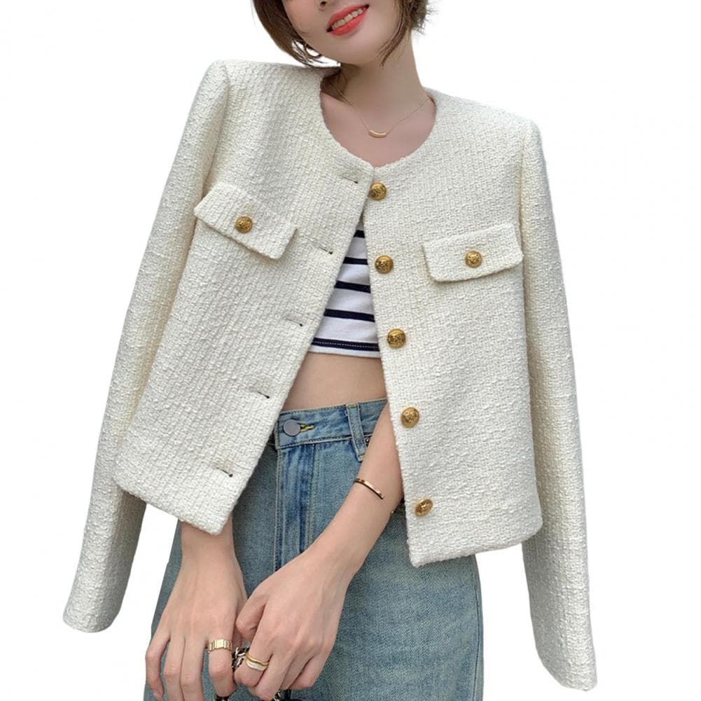 Short Style Jacket Stylish Single-breasted Women's Coat for Fall Spring Long Sleeves Cardigan In Solid Color Loose for Dating L white