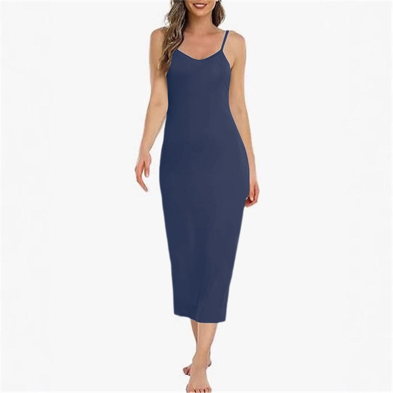 Women Long Slip Dress Basic Adjustable Spaghetti Straps Cami Slip Dress Soft V Neck Nightgown Under Dresses M Dark blue