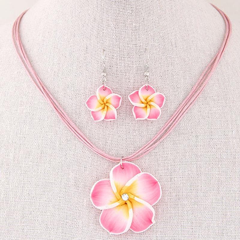 Women's sweet Plumeria Flowers Jewelry Sets Polymer Clay Fimo Earrings Pendant Necklace pink