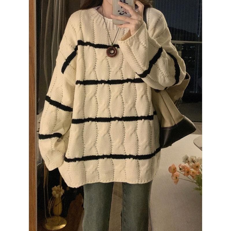 Striped Sweater Women Loose Wear Lazy Korean Gentle Pullover Thin Apricot Sweater Top Woman One size