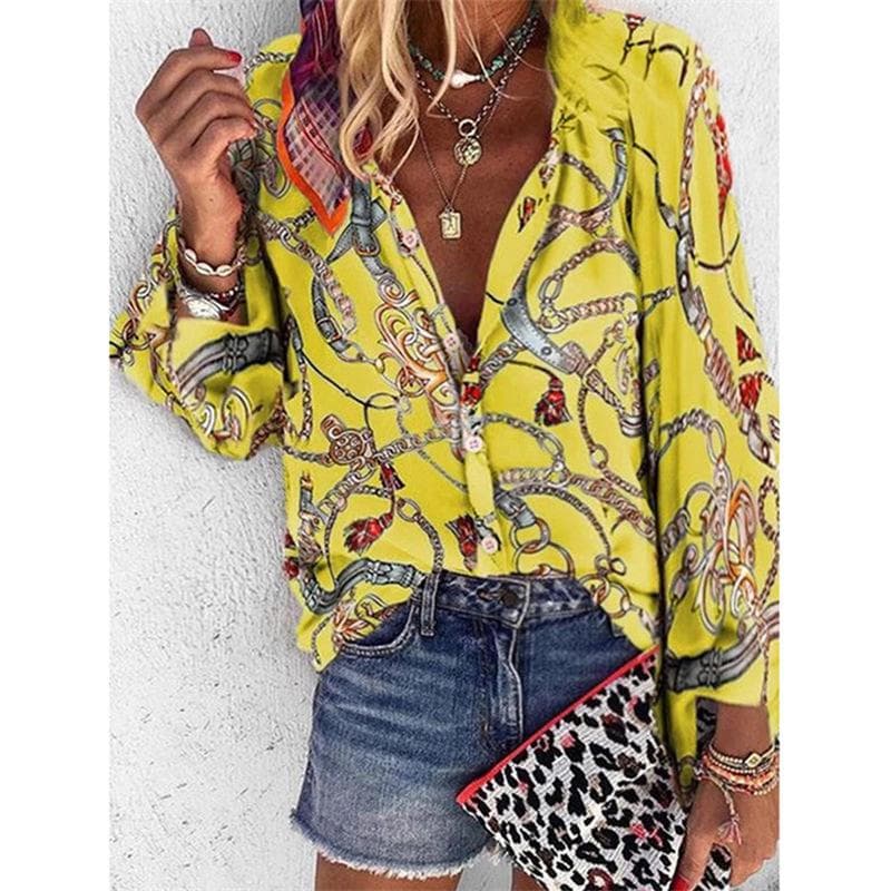 Women's Autumn/Winter Multi-Color Chain Print Stand Collar Long Sleeve Shirt XL yellow