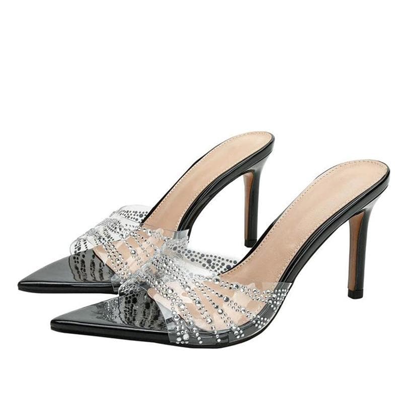 Liyke 7CM/8.5CM Women Fashion Catwalk Transparent Slipper Crystal Rhinestone High Heels Mules Sexy Pointed Toe Party Dress Shoes 34
