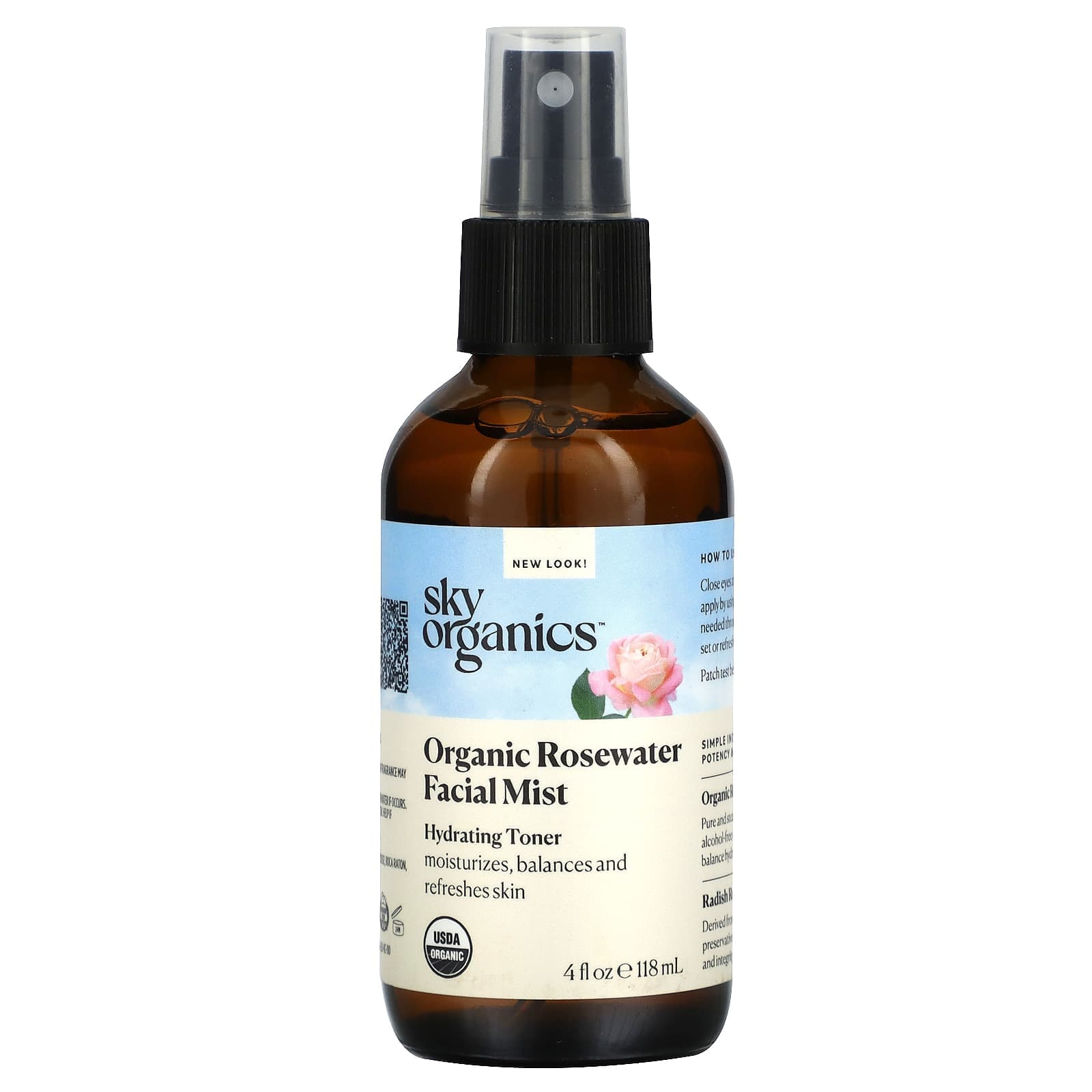 Sky Organics, 100% Pure Organic, Rose Water Facial Mist, Hydrating Toner, 4 fl oz (118 ml)