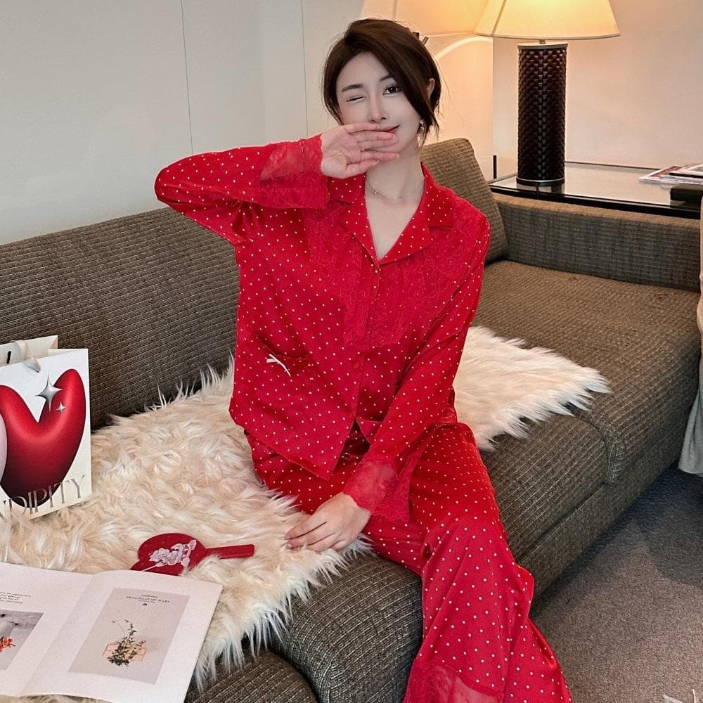 Autumn Retro Style Women's Pajamas Two-piece Set Ice Silk Red Dot Vibrato Pajamas Long Sleeves Trousers Lace XL