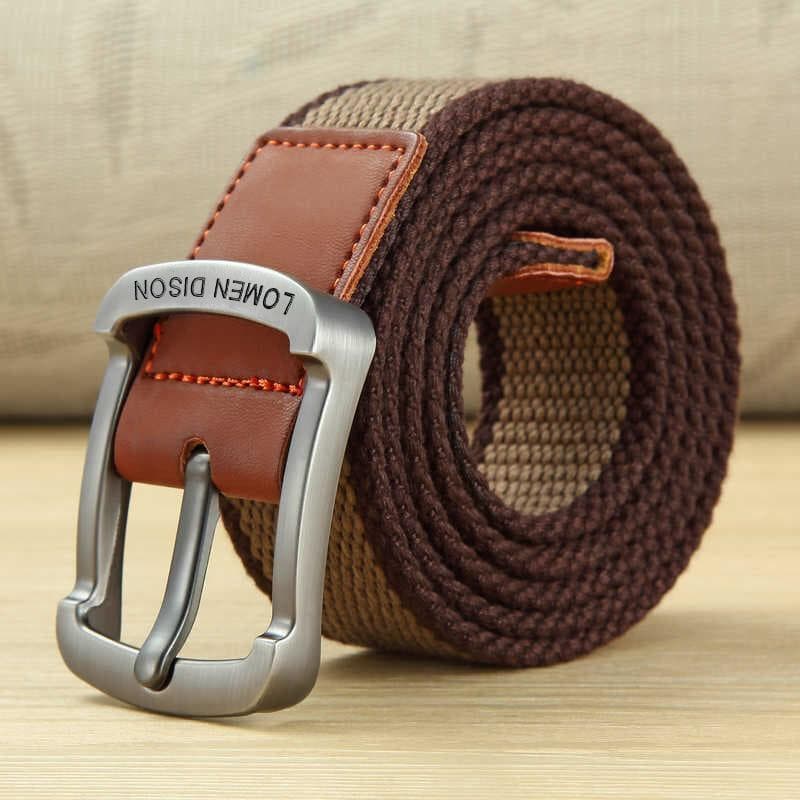 3.5cm Outdoor Canvas Men's Belt Solid Color Black and Red Striped Woven Alloy Pin Buckle Sports Overalls Belt for Men Wholesale 120cm brown