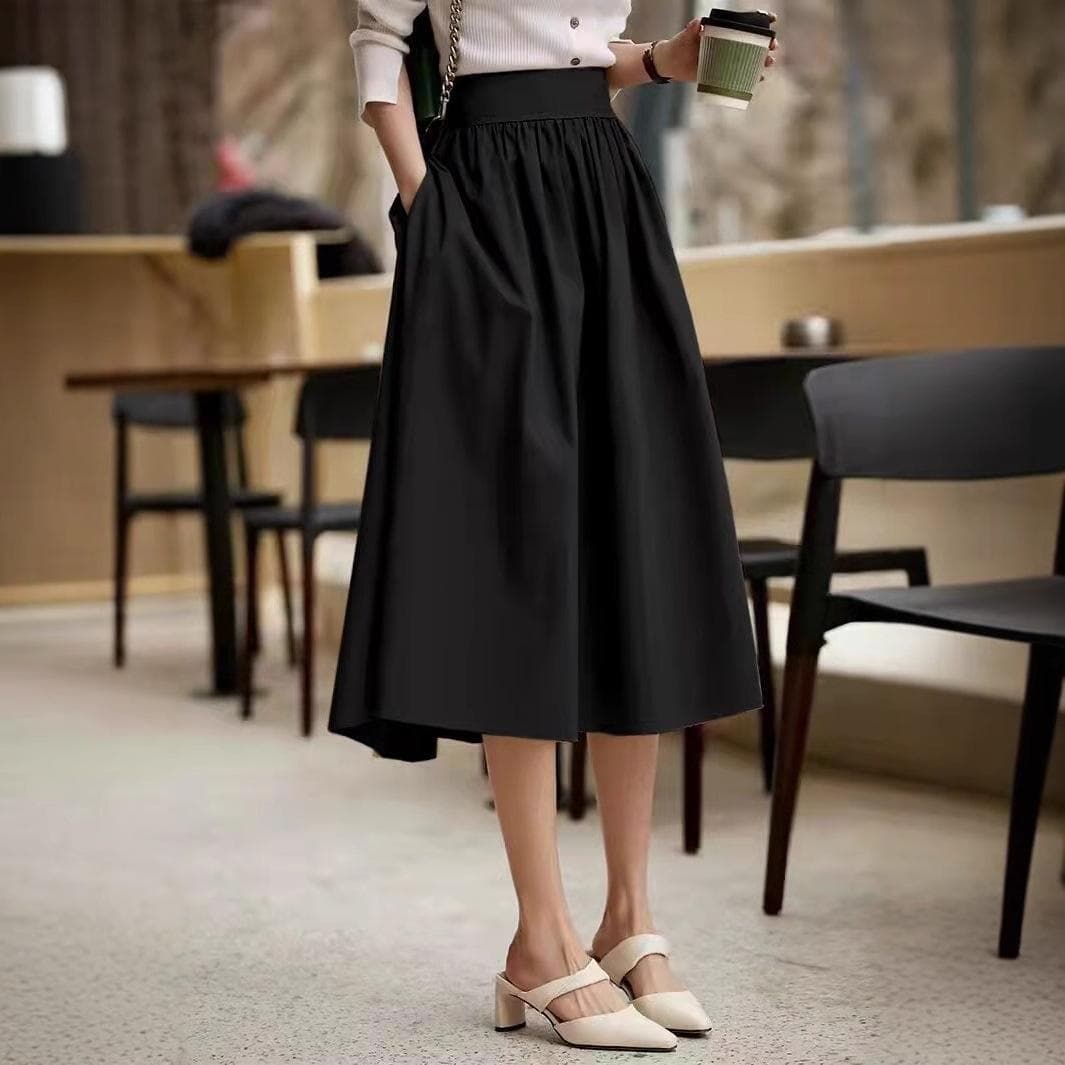 High Waist Over Knee Mid-length Khaki Small Pleated Umbrella Skirt Skirt A-line Skirt L