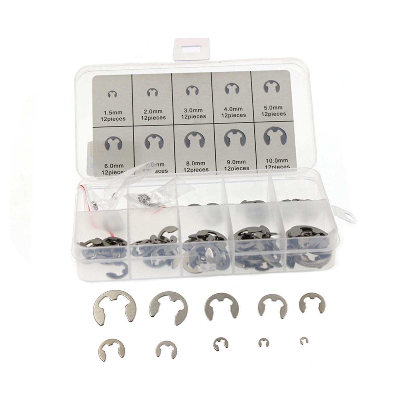 120PCS 304 Stainless Steel E-Clip Assortment Kit M1.5-10 Circlip External Retaining Rings Set 120PCS