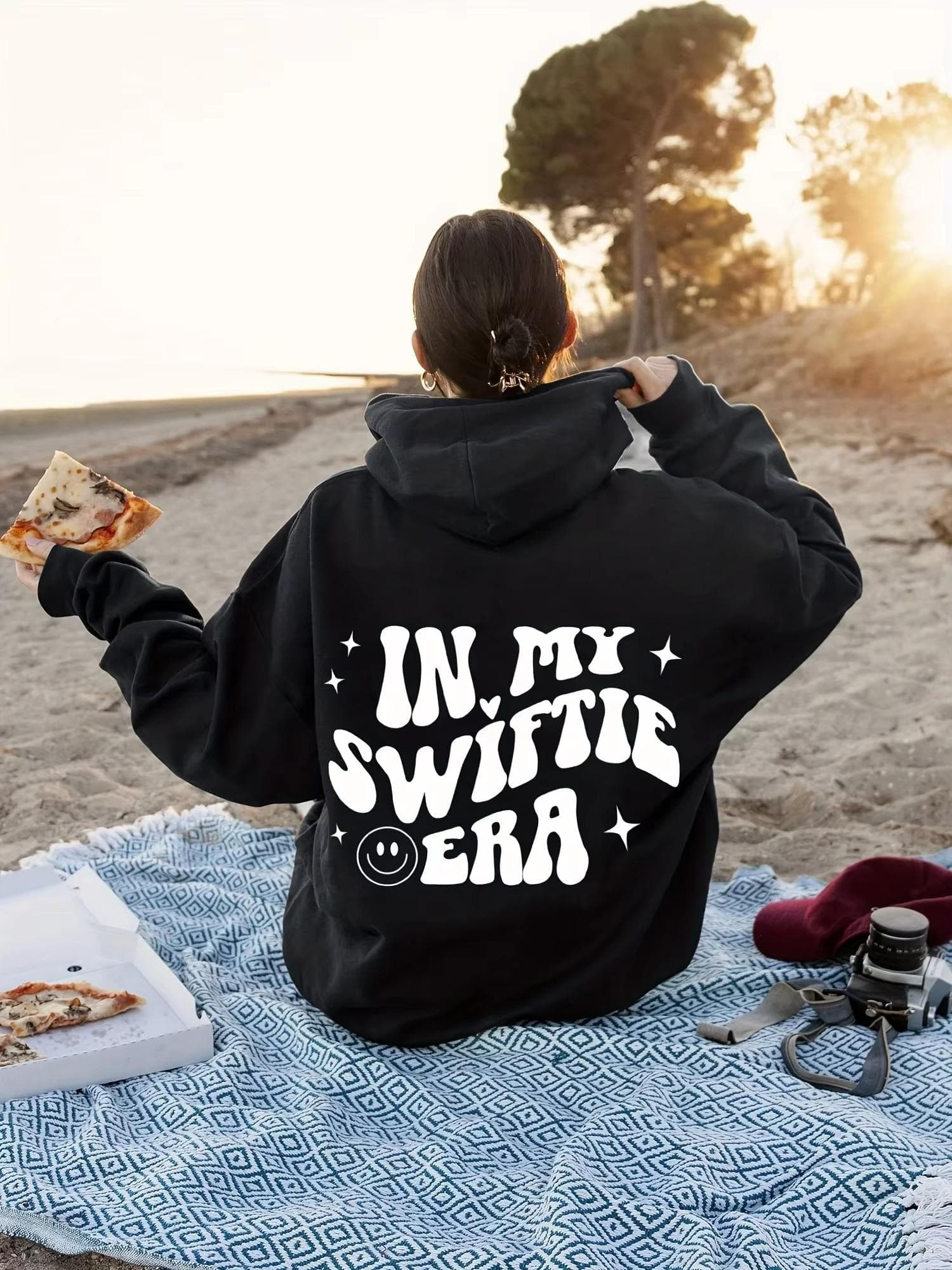 In My Swiftie Era Letter Print Drawstring Hoodie Drop Shoulder Long Sleeve Hoodie Women'S Clothes L black