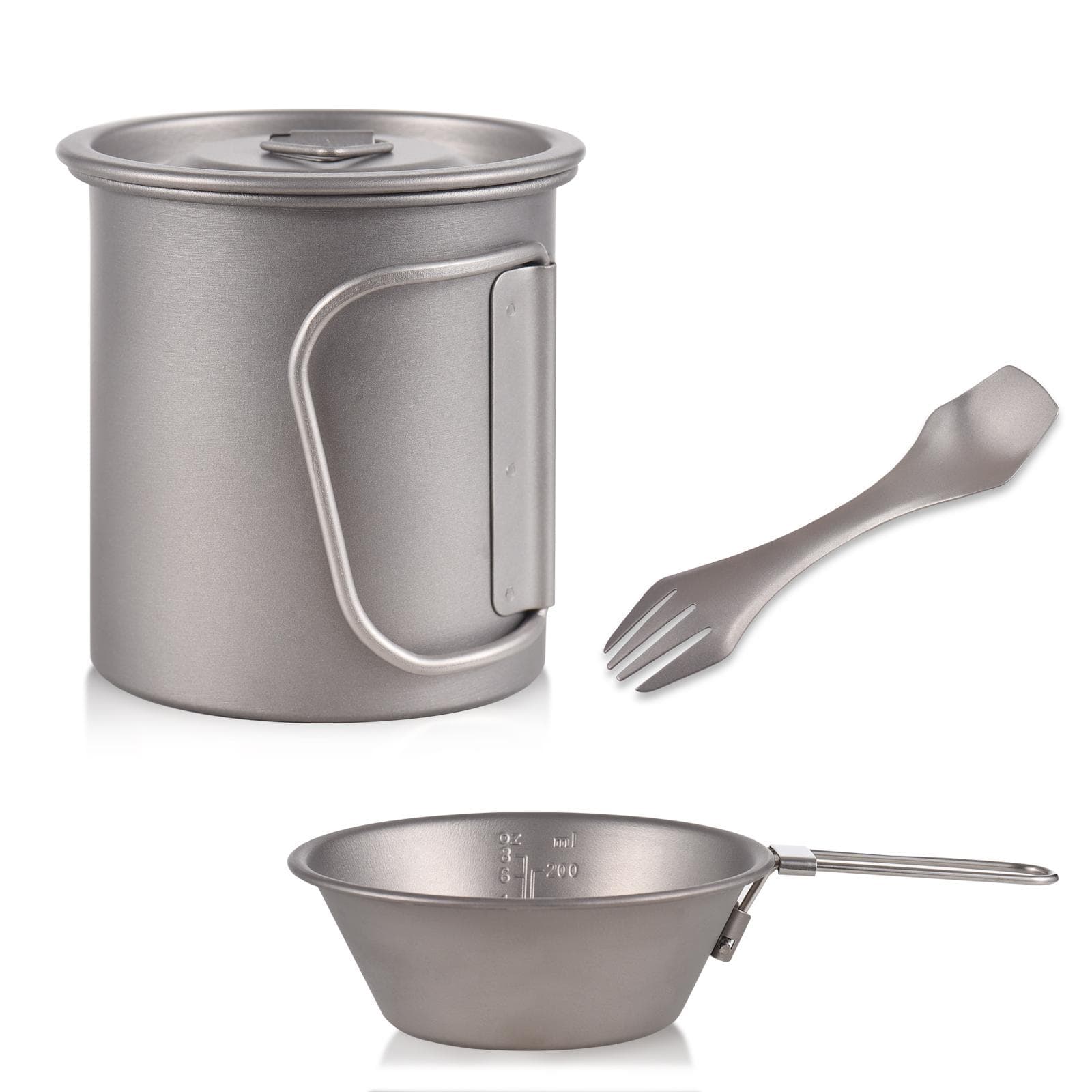 Camping Cutlery Titanium Cup Bowl Spork Titanium 3 Pieces Set Tableware Outdoor Coffee Cup Mug grey