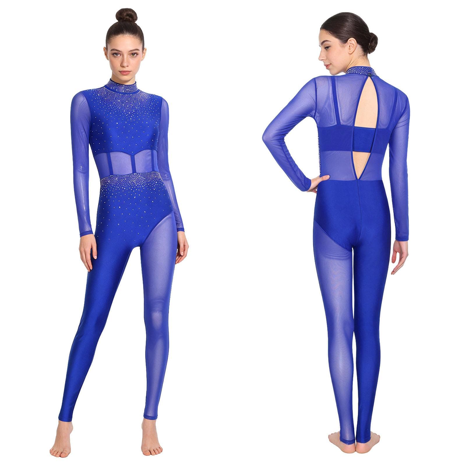 S-XXL Women's Gymnastics & Figure Skating Unitard: Rhinestone Sheer Mesh Patchwork with Cutout Back, Full-Body Performance Wear XXL royal blue