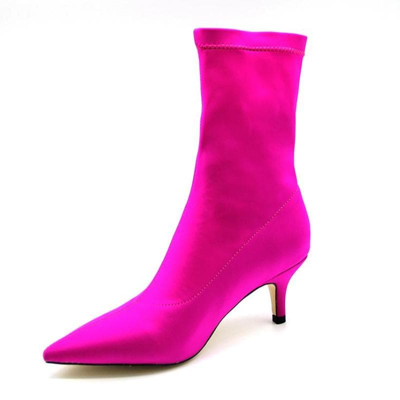 Autumn Women Sock Boots Stretch fabric High Heels Pointed Toe Ankle Boots Pumps Stiletto Lady Shoes 42 rose red