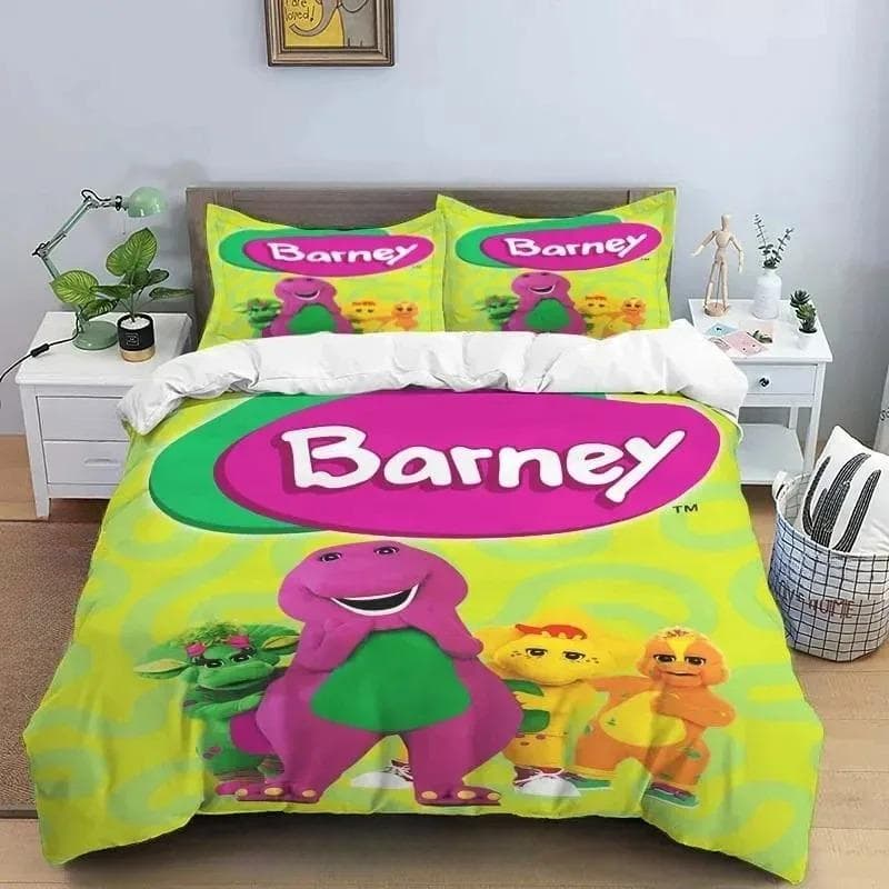 Barney Friends Cute Cartoon Bedding Set Dinosaur Pattern Duvet Cover Pillow Case boys Bedroom Double King Size Comforter Gift 175X220cm-3pcs