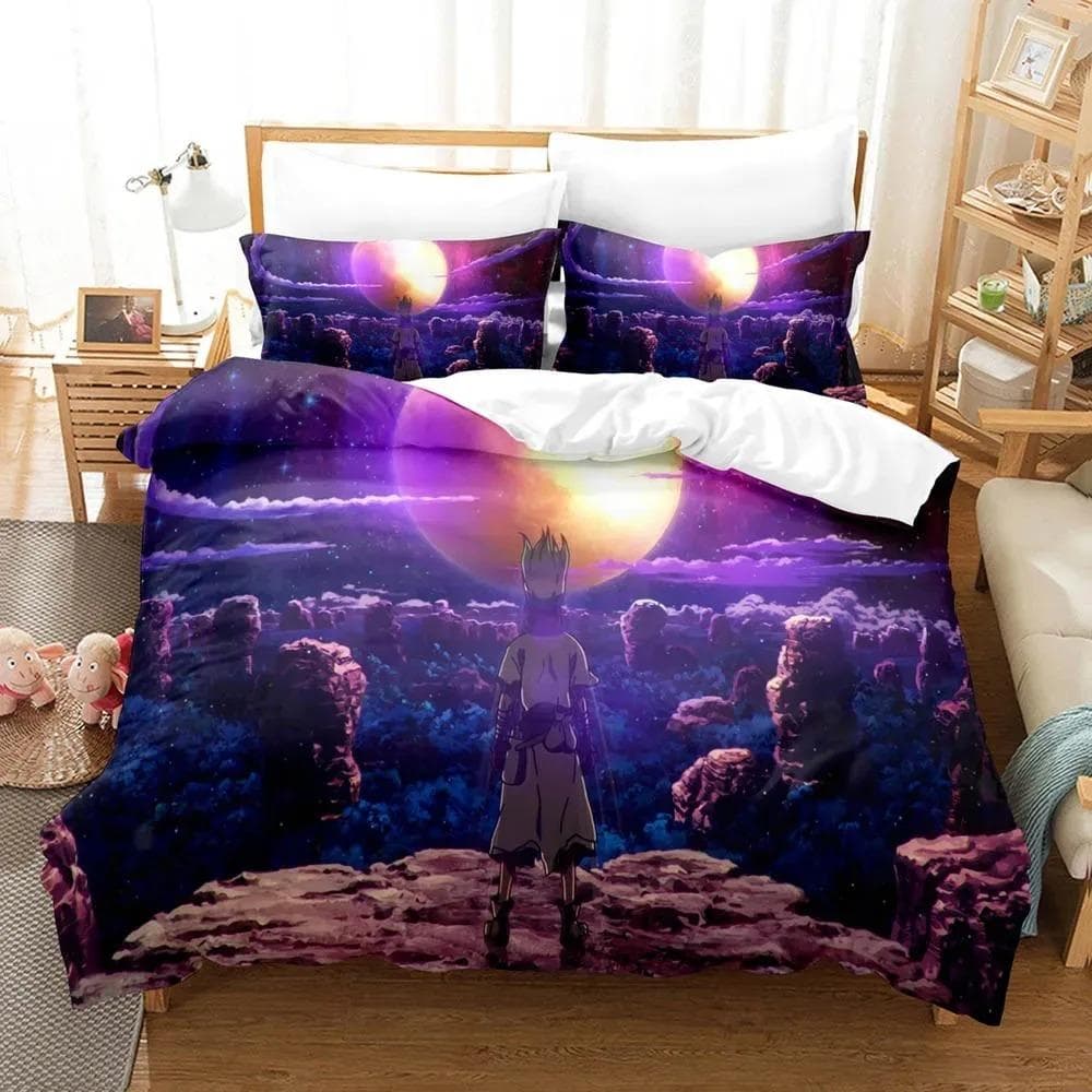 3D Printed Dr.Stone Senku Bedding Set Boys Girls Twin Queen Size Duvet Cover Pillowcase Bed Boys Adult Home Textileextile EU single(135x200cm)