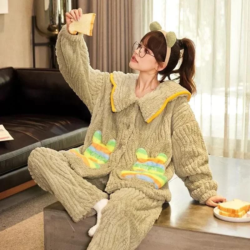 Home Casual Flannel Pajamas Women's Warm Autumn New Loose Thickened Winter Two-piece Pajamas 2XL