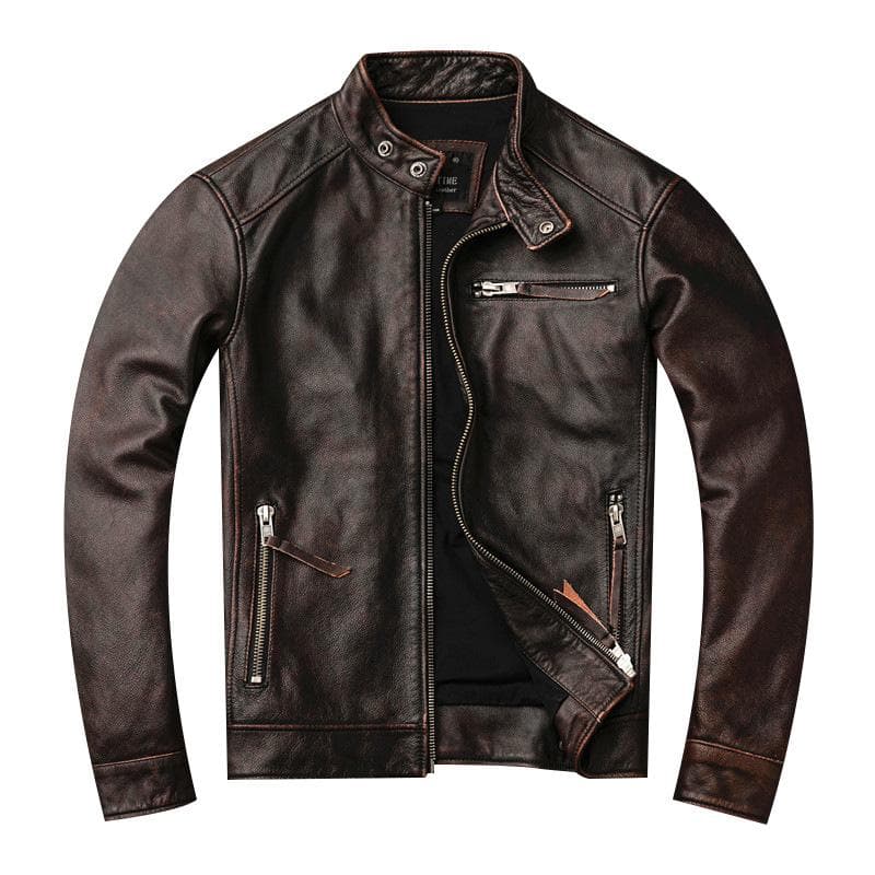 Genuine Leather Jacket for Men, First-layer Cowhide, Retro Distressed Stand-up Collar Motorcycle Leather Jacket, Fashionable Jacket XL
