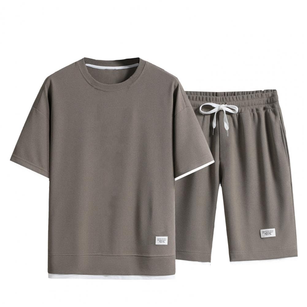 2Pcs/Set Men Sportwear Set O-neck Short Sleeve T-shirt Elastic Drawstring Waist Wide Leg Shorts Set Fake Two Piece Waffle Textur XXXL coffee