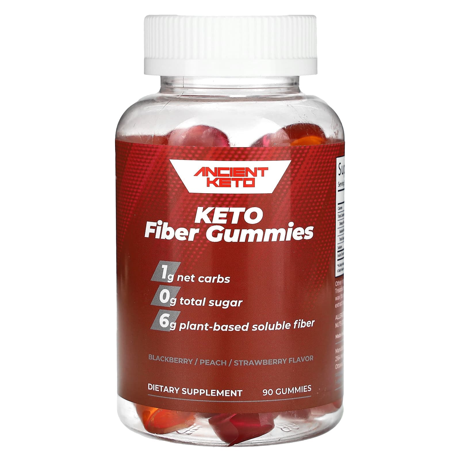 Ancient Keto, keto dietary fiber gummies, blackberries, peaches, strawberries, 90 gummies