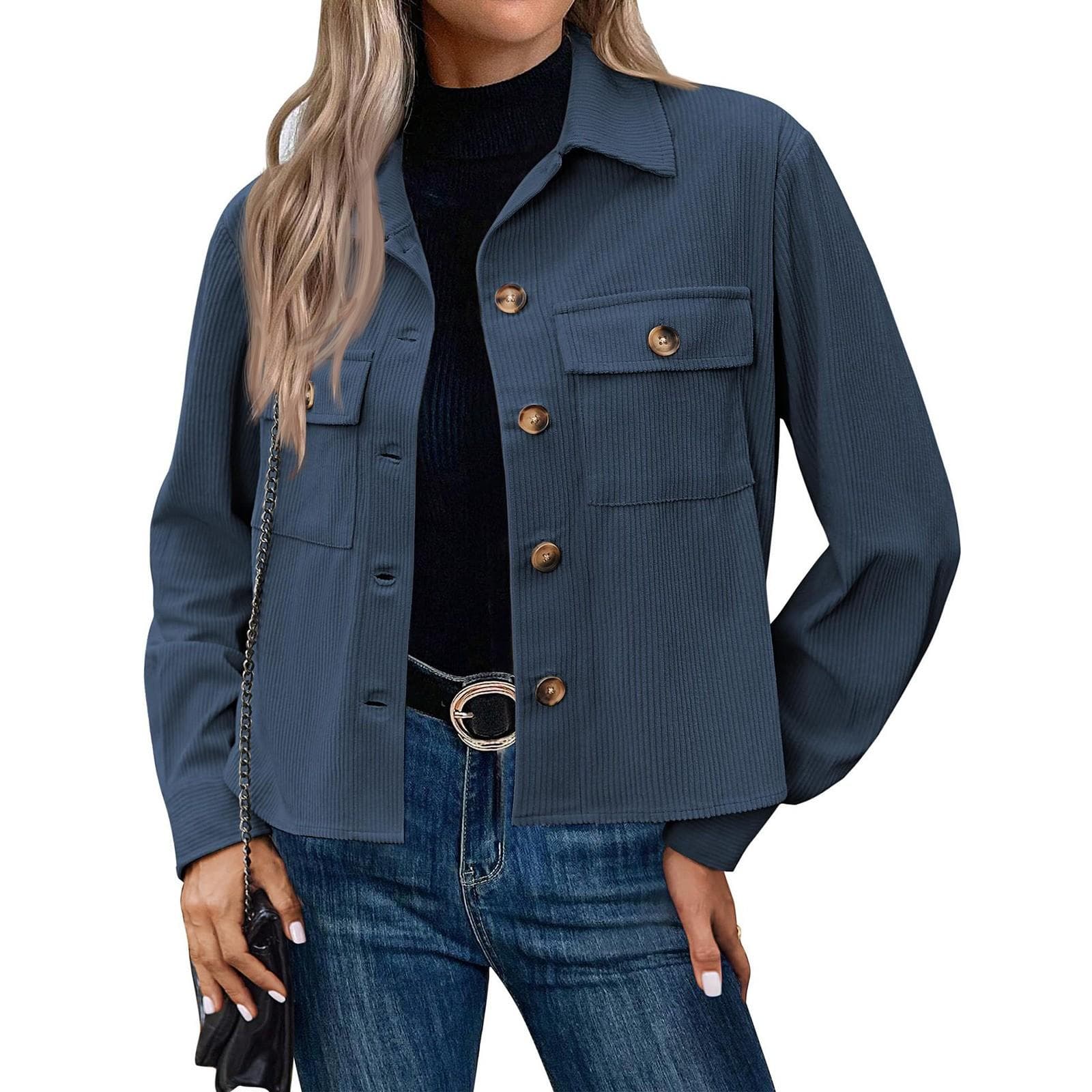 Women's Solid Color Casual Short Corduroy Button Jacket L dark blue