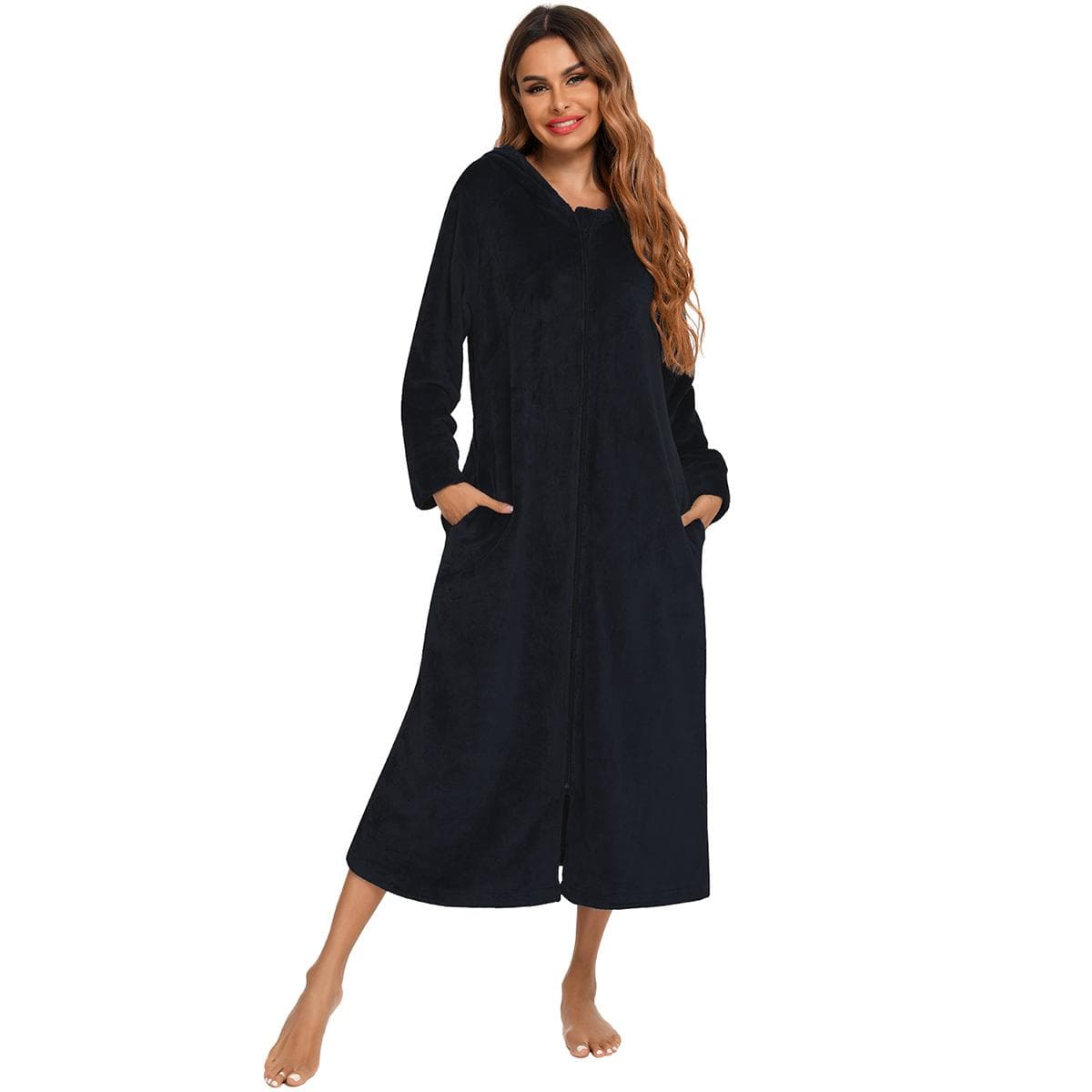 Women's Zip Up Plush Fleece Robe Hooded Warm Long Bathrobe Dressing Gown Winter Cozy Zipper Lounger Sleepwear Housecoat Loungewear Nightgown M black