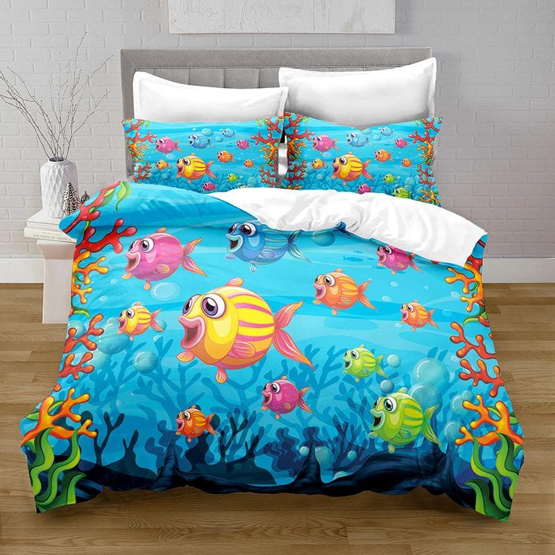 Cartoon Ocean Fish Duvet Cover Marine Theme Bedding Set Twin For Boys Girl Decor Microfiber Sea Underwater World Comforter Cover EU Single(135x200cm)