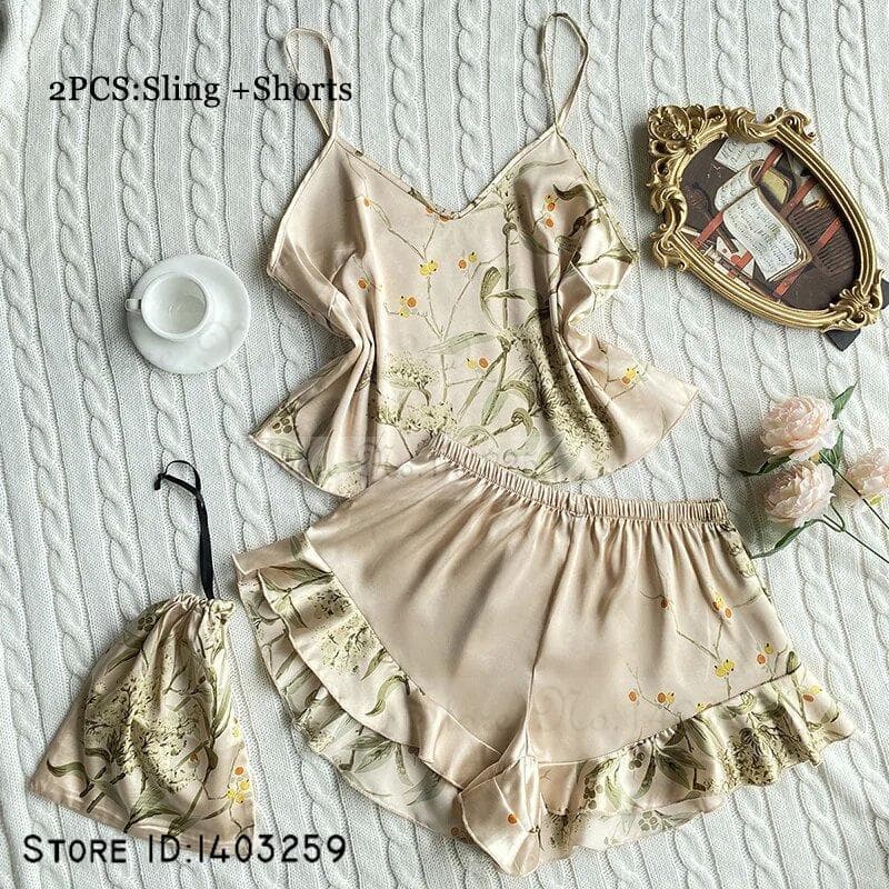 New Female 4PCS Pajamas Set Spring Summer Satin Sleepwear Intimate Lingerie Print Cherry Flower Nightgown Loose Home Clothes XL