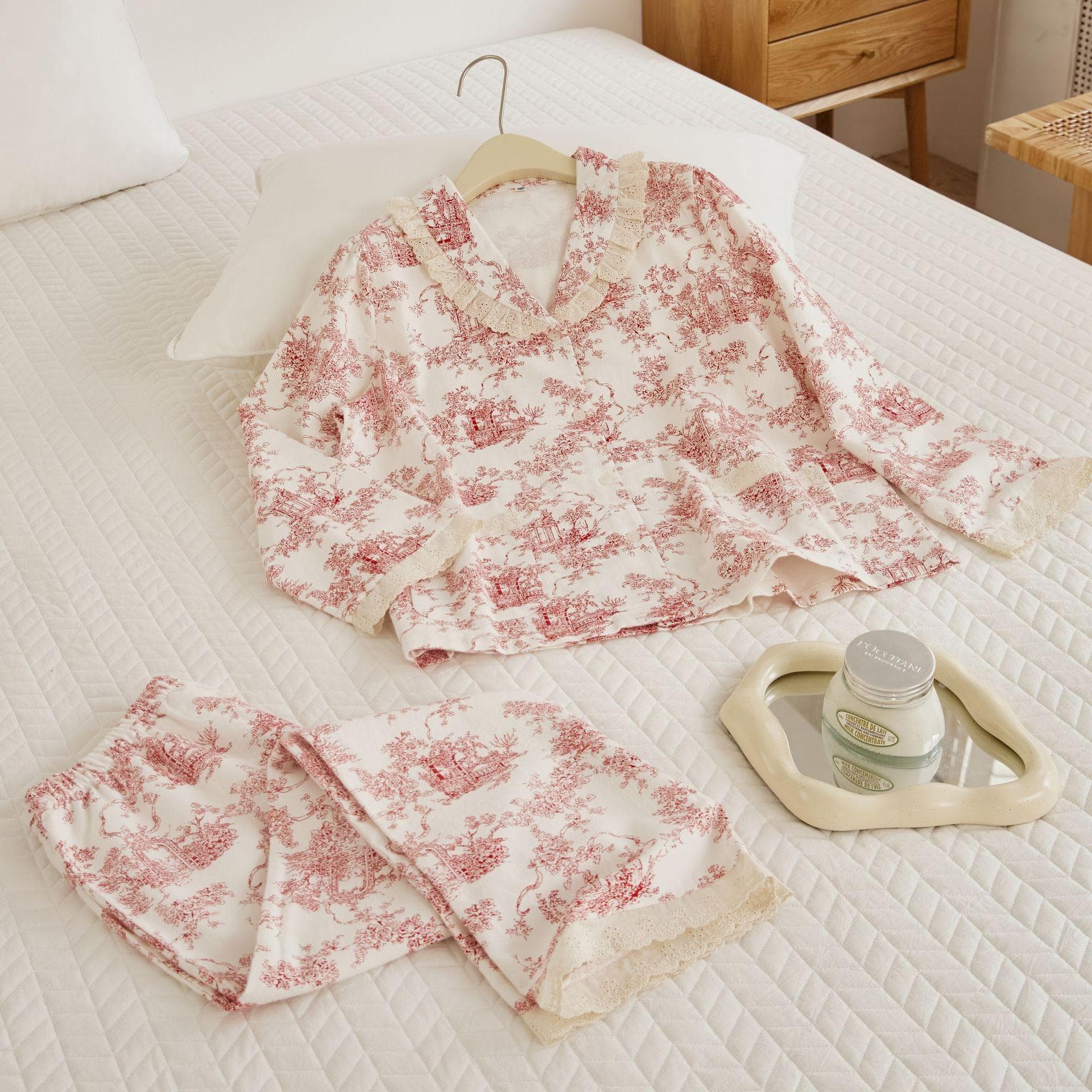 Cotton Sleepwear Chinese Style Printed Home Clothes Casual Long Sleeved 2PCS Pajamas Loose Flip Collar Nightwear Trousers Suit 2XL red