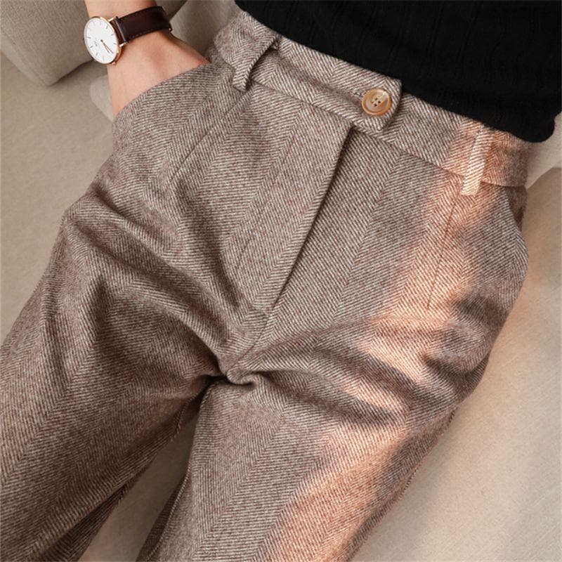 Women's Herringbone Wool Trousers: High-Waist, Slim-Fit, Casual and Stylish for Spring & Autumn L (110-122 jin)