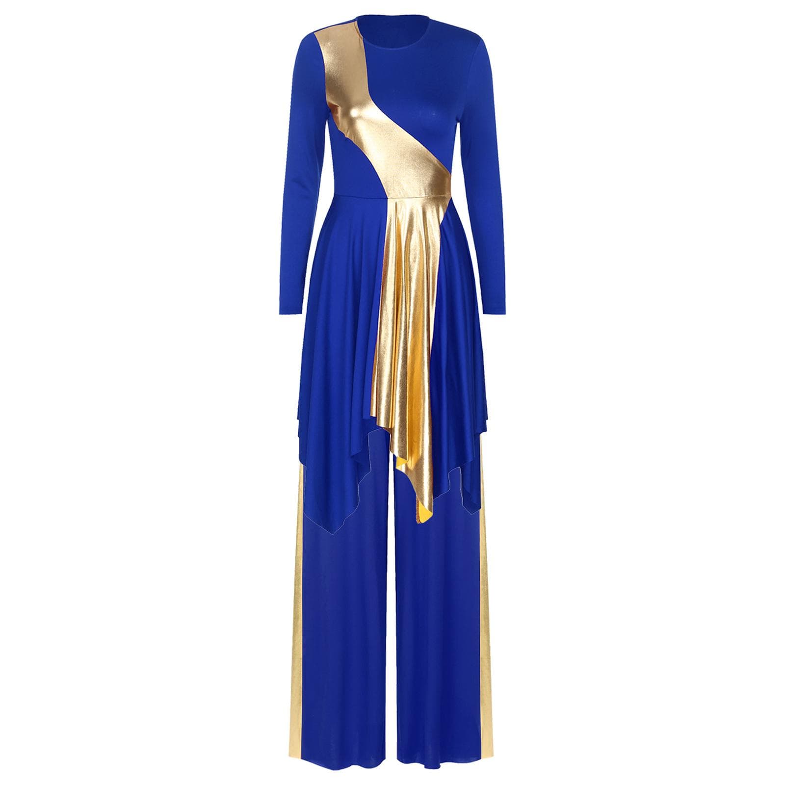 Womens Worship Dance Outfit Asymmetrical Hem Metallic Patchwork Dress with Wide Leg Pants for Church Performances XL blue