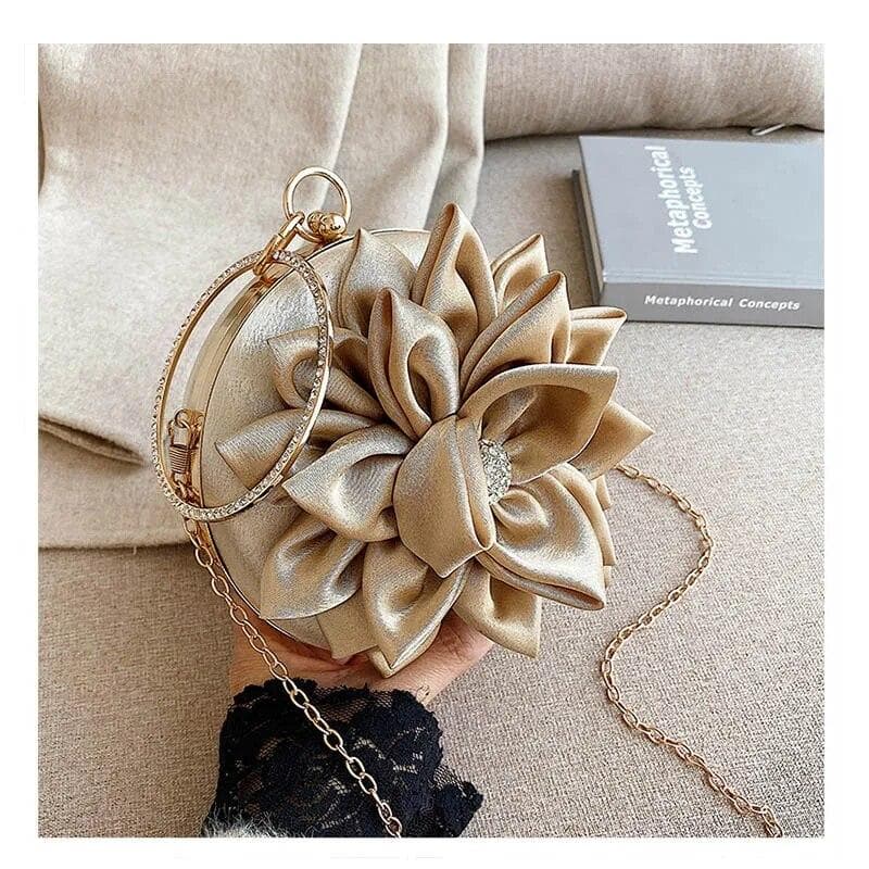Red Flower Clutch Purse Women Round Evening Bag Crystal Diamond Wedding Silk Handbag Exquisite Chain Shoulder Bags gold