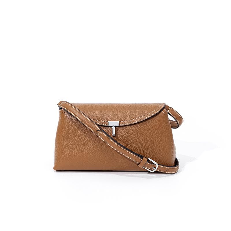 Simple Top-grain Leather Flap Bag, T-shaped Lock Buckle, Fashionable Commuting Crossbody Bag, Large-capacity Single-shoulder Bag brown