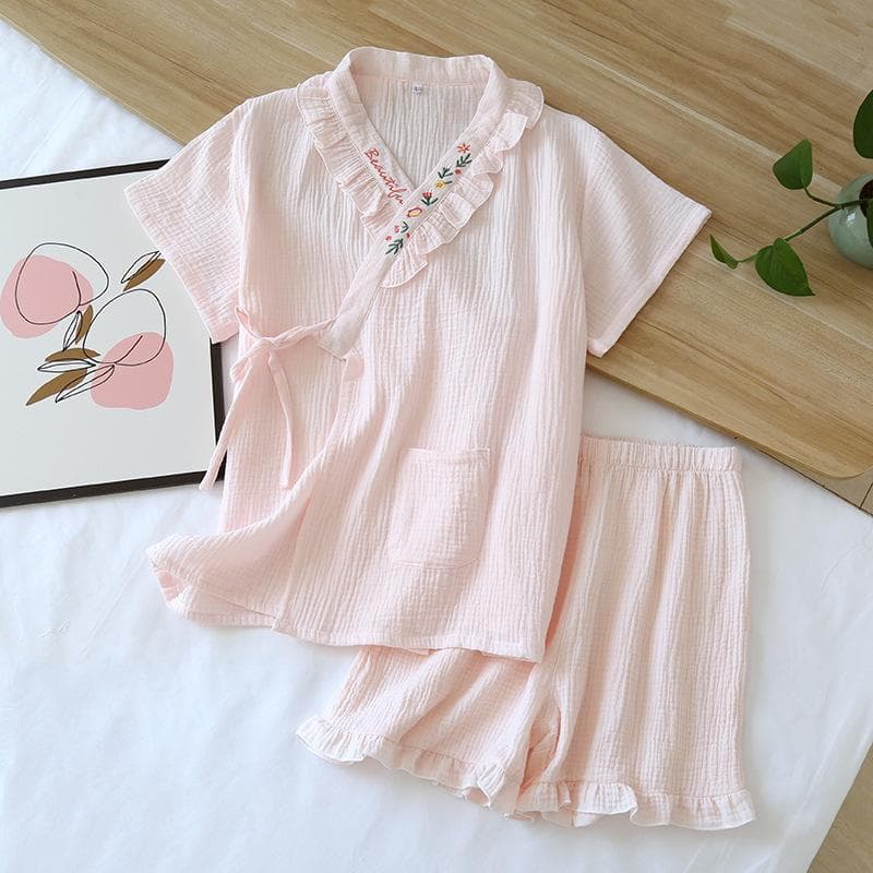 Summer New Japanese Kimono Suit Ladies Pajamas Short-sleeved Shorts Two-piece Set 100% Cotton Crepe Sweet Lace Home Wear Women XL pink