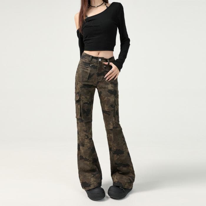 New Retro American Camouflage Multi-pocket Slim Fit and Slim Slightly Flared Pants for Women's Spring and Autumn XL