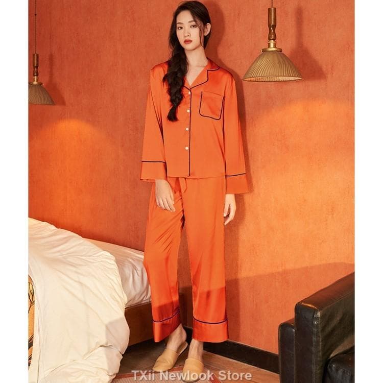 Solid Color Satin Pajamas Long Sleeve Trousers Home Clothes Suit Retro Women's Pajamas Multi Color L orange