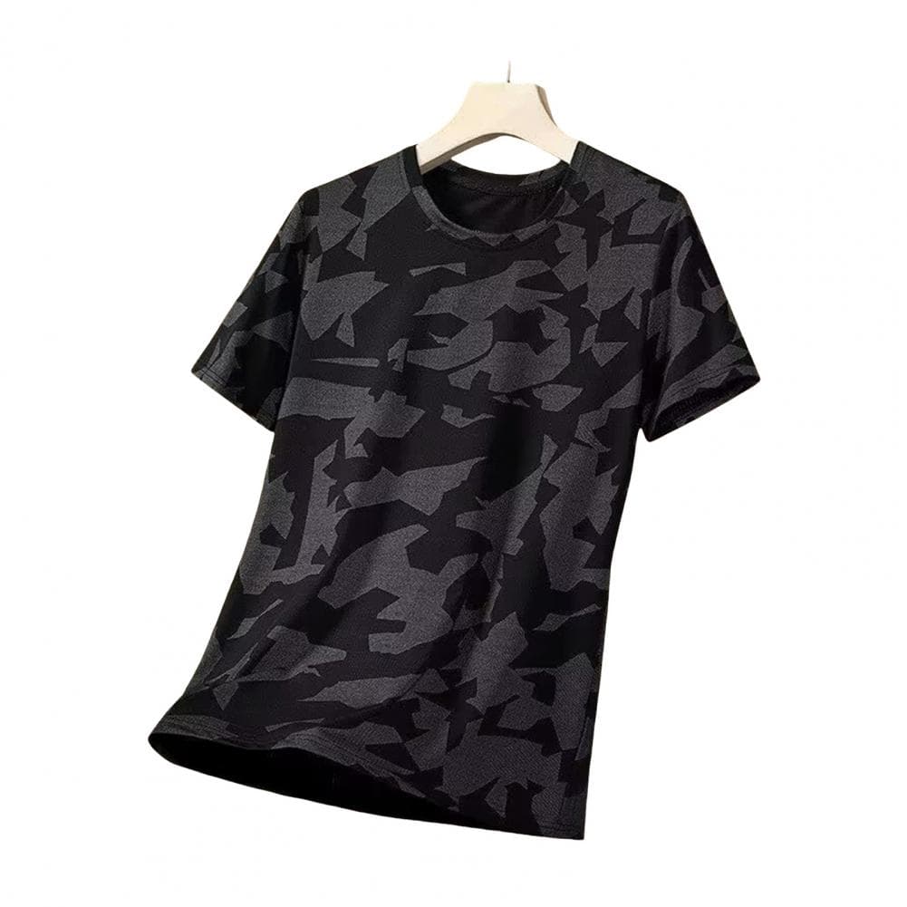 Summer Men T-shirt Round Neck Short Sleeves Thin Quick-drying Loose Camouflage Print Pullover Mid Length Casual Daily Wear Sport M black