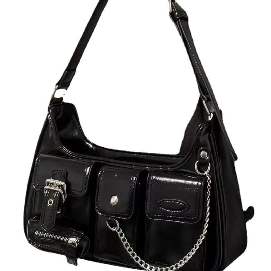 Niche Design Bag with A High-end Feel, Featuring A Hong Kong-style Chain, Single-shoulder Underarm Bag, and A Female Motorcycle Bag black